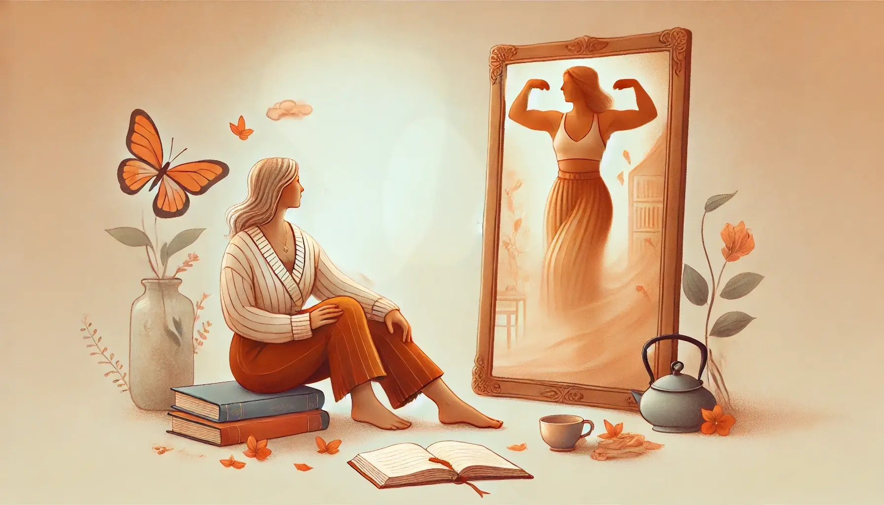Illustration einer Frau in ihren 30ern oder 40ern, barfuß und im Schneidersitz, mit den Händen auf dem Herzen. Umgeben von warmen Erdtönen, Notizbuch, Teetasse und einer Waage mit Herz – in einem friedlichen Raum voller Licht und Selbstverbundenheit.